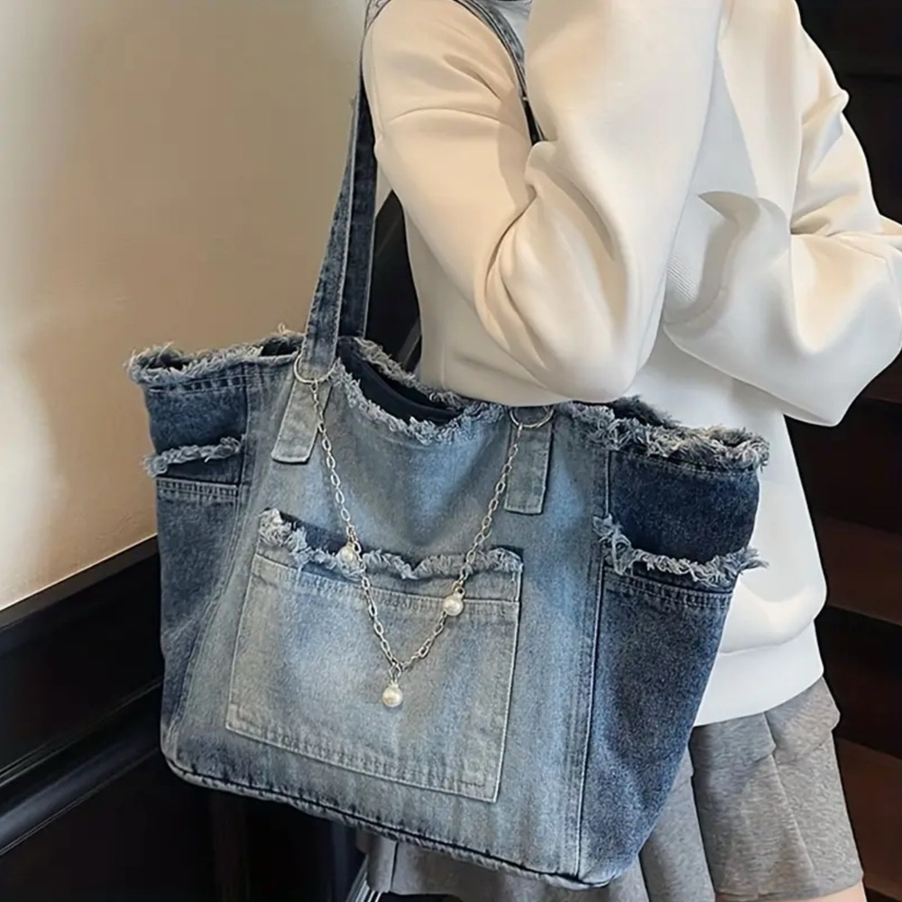 Denim Tote Bag with Chain Detail